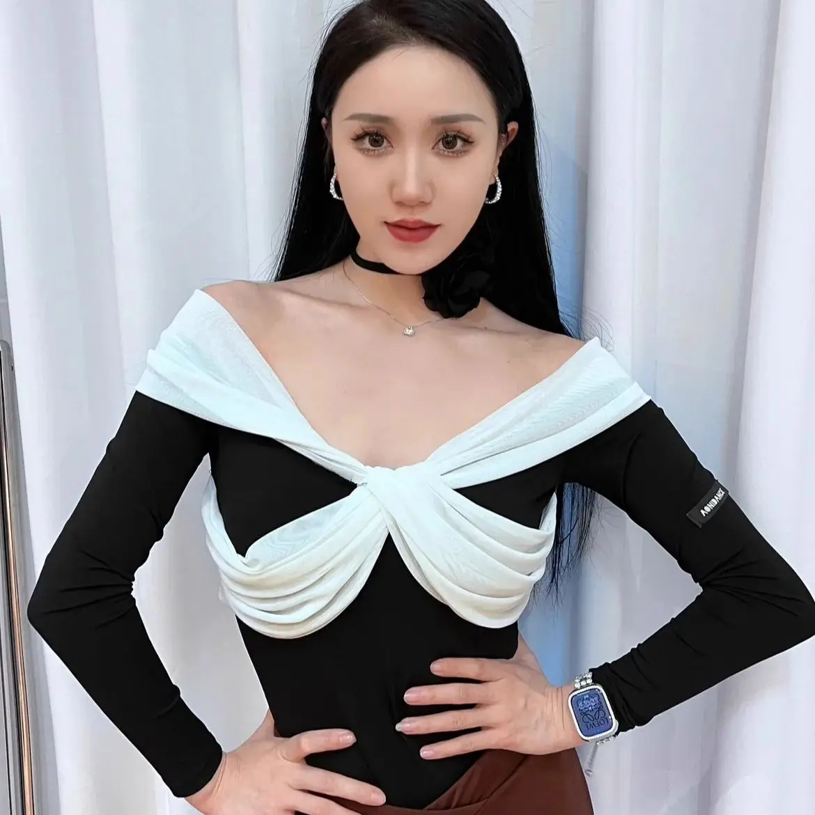 

Women Clothes Latin Dance Costumes Off Shoulder Long Sleeve Jumpsuit Chacha Tango Samba Dance Performance Practice Wear DQL12323