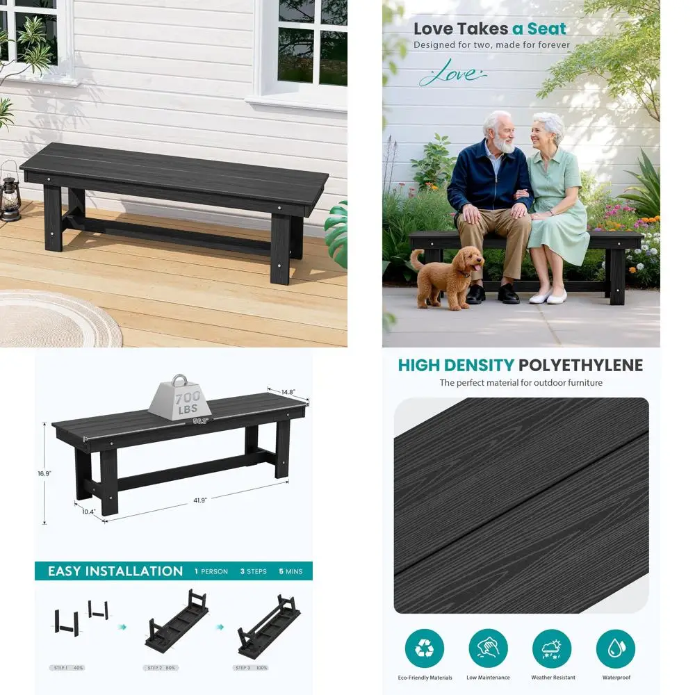 

Садовая скамейка для двоих из полиэтилена высокой плотности, устойчивая к атмосферным воздействиям, грузоподъемность 700 фунтов, мебель для патио и сада, черная, комплект из 2 штук