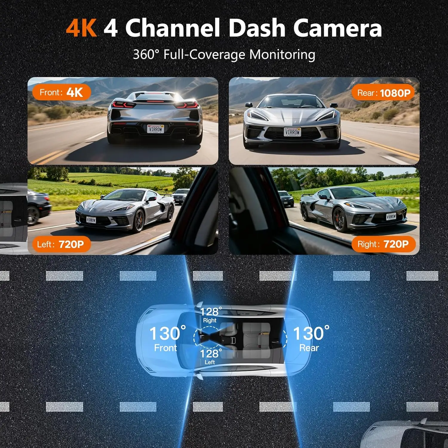 كاميرا سيارة 4K ذات 4 قنوات مع نظام تحديد المواقع العالمي (GPS)، 5G WiFi، التحكم الصوتي، الرؤية الليلية، مستشعر G، شاشة ركن السيارة 24 ساعة، بطاقة مجانية 128 جيجابايت