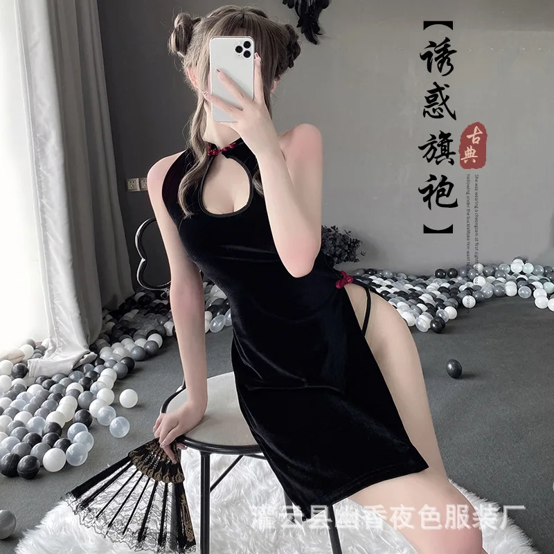 

Lin Linting sexy Lingerie Hot High Slit Cheongsam Hollow out Strap Seductive Uniform Sao Suit 2295