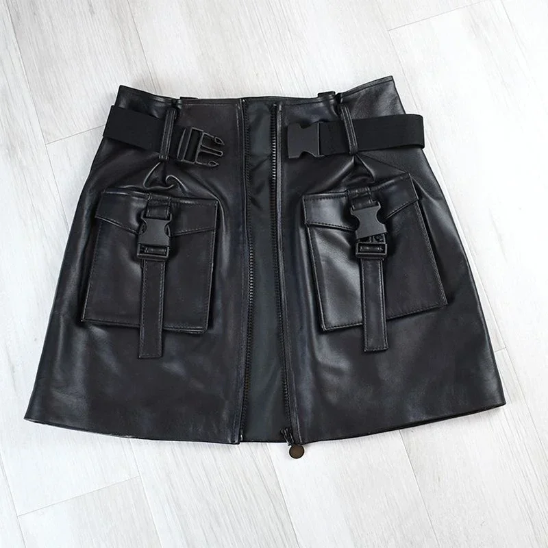 

Black Matte Leather Cargo Skirts Women High Waist Mini Y2K Skirt with Pocket Waistband Stretch PU A-line Skirt Clubwear Custom