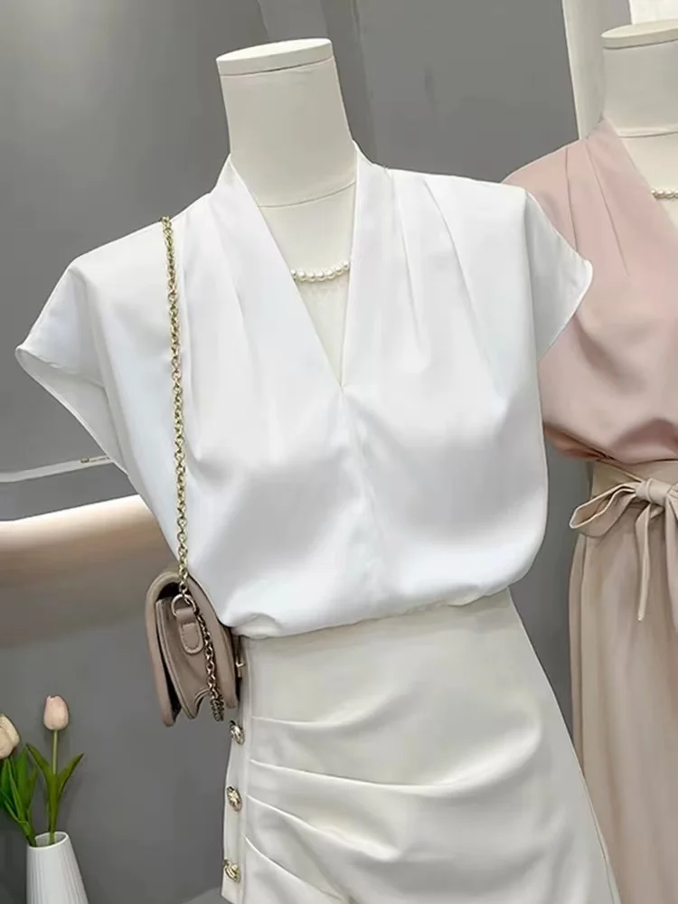 2025 verão novas senhoras blusas finas chiffon com decote em v cor sólida topos casuais moda coreana roupas simples para mulheres camisa popular