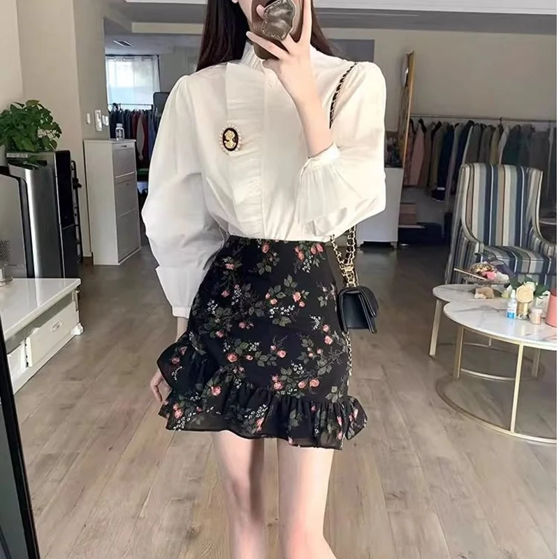 2026 Summer Asymmetrical Ruffles Print Skirt for Women  Slim Fit and Slimming Trumpet Mermaid Skirt Temperament Elegant Dress