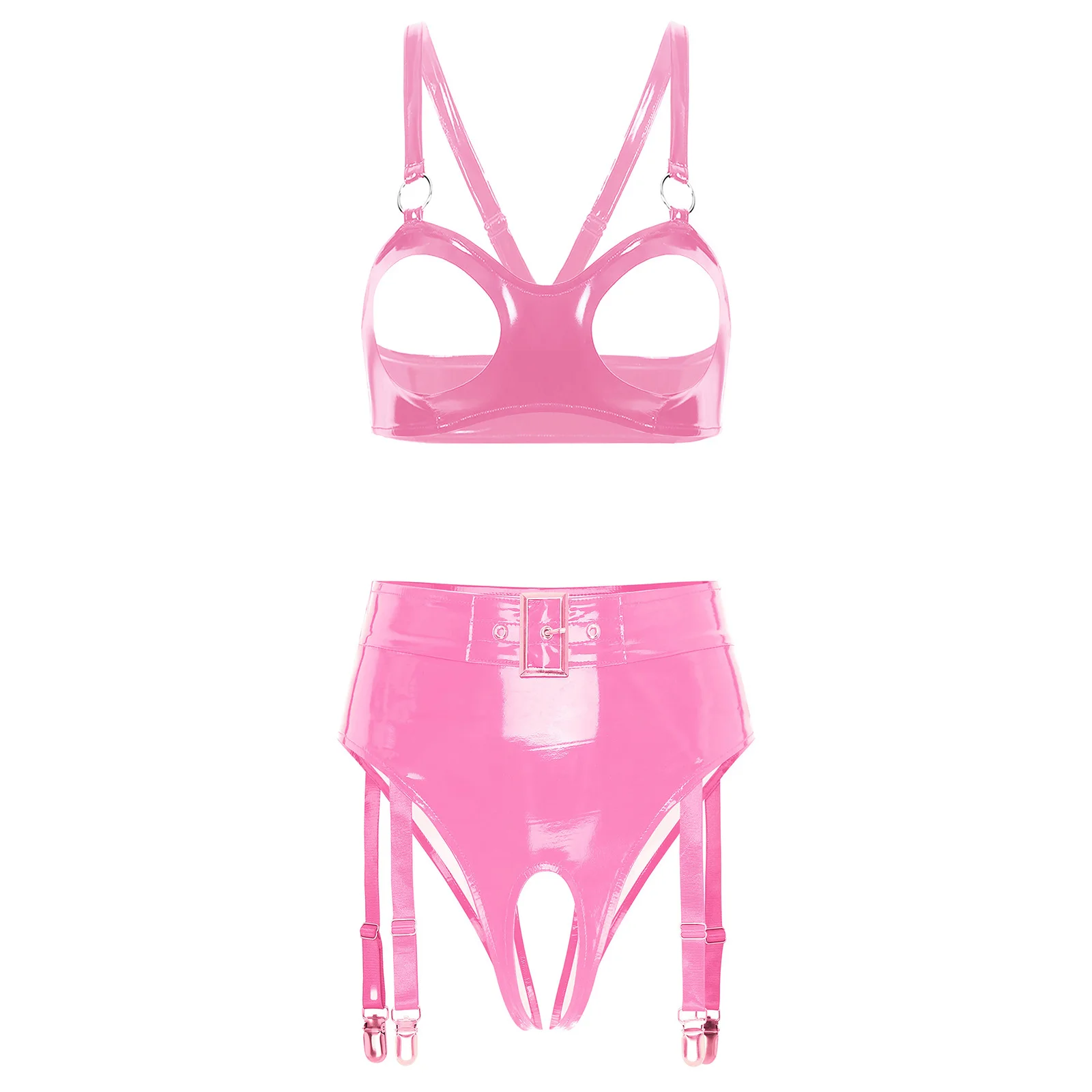 Women PU Leather Wet Look Lingerie Set Open Cup Wire-free O-ring Bra Top And Built-in Thongs Ruffled Miniskirt with Garter Clips