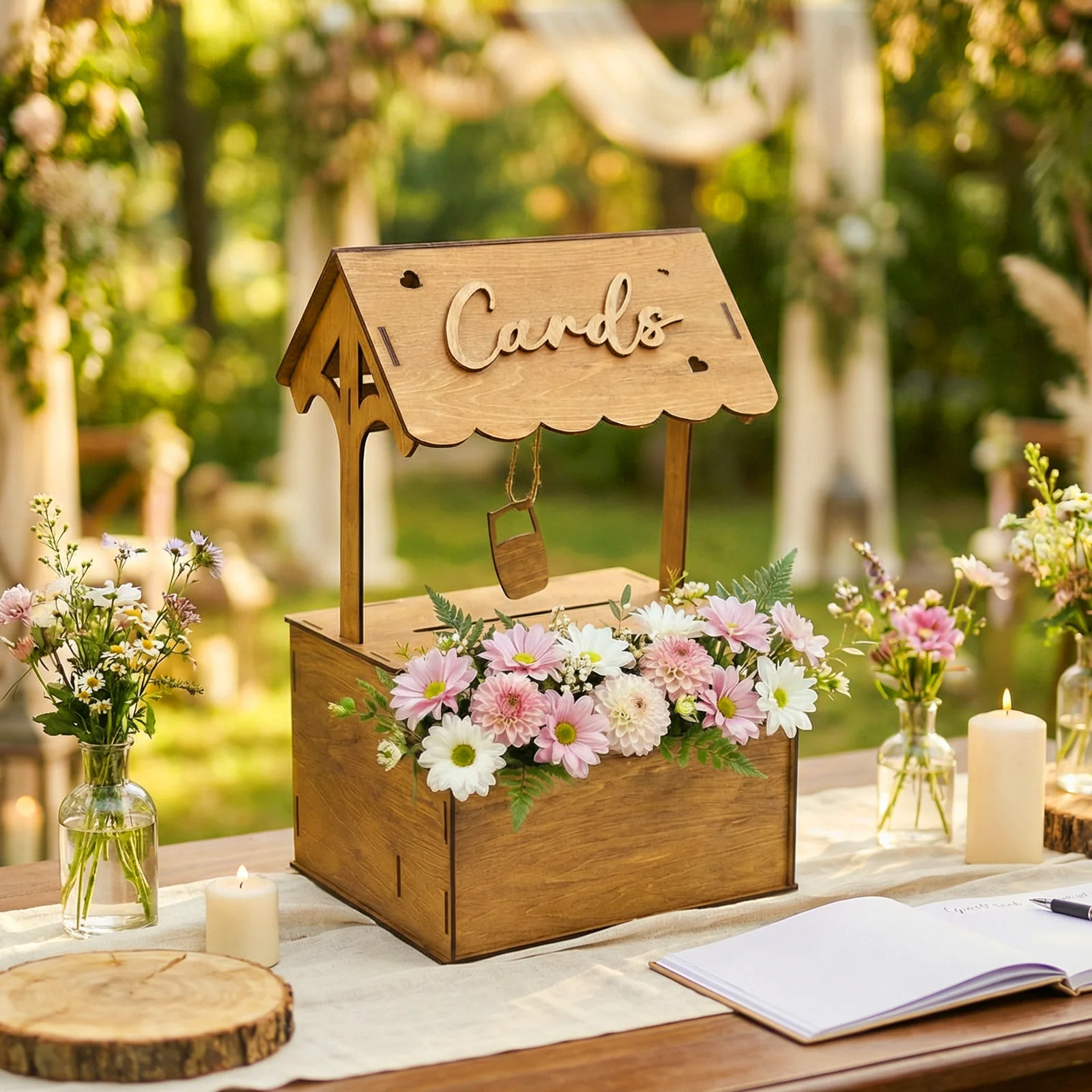 

Wedding greeting card box, wishing well design, wooden gift card box, suitable for wedding decorations and receptions.