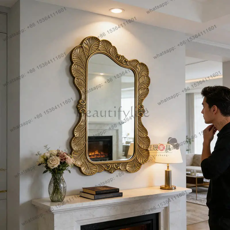European retro carved bathroom mirror household porch fireplace special-shaped decorative mirror