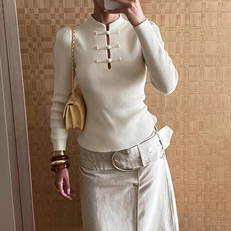BKLD Chinese Style Retro Elegant Frog Button Long Sleeve Half High Collar Solid Hollow Knit Ribbed Slim Fit Casual Chic T-shirts