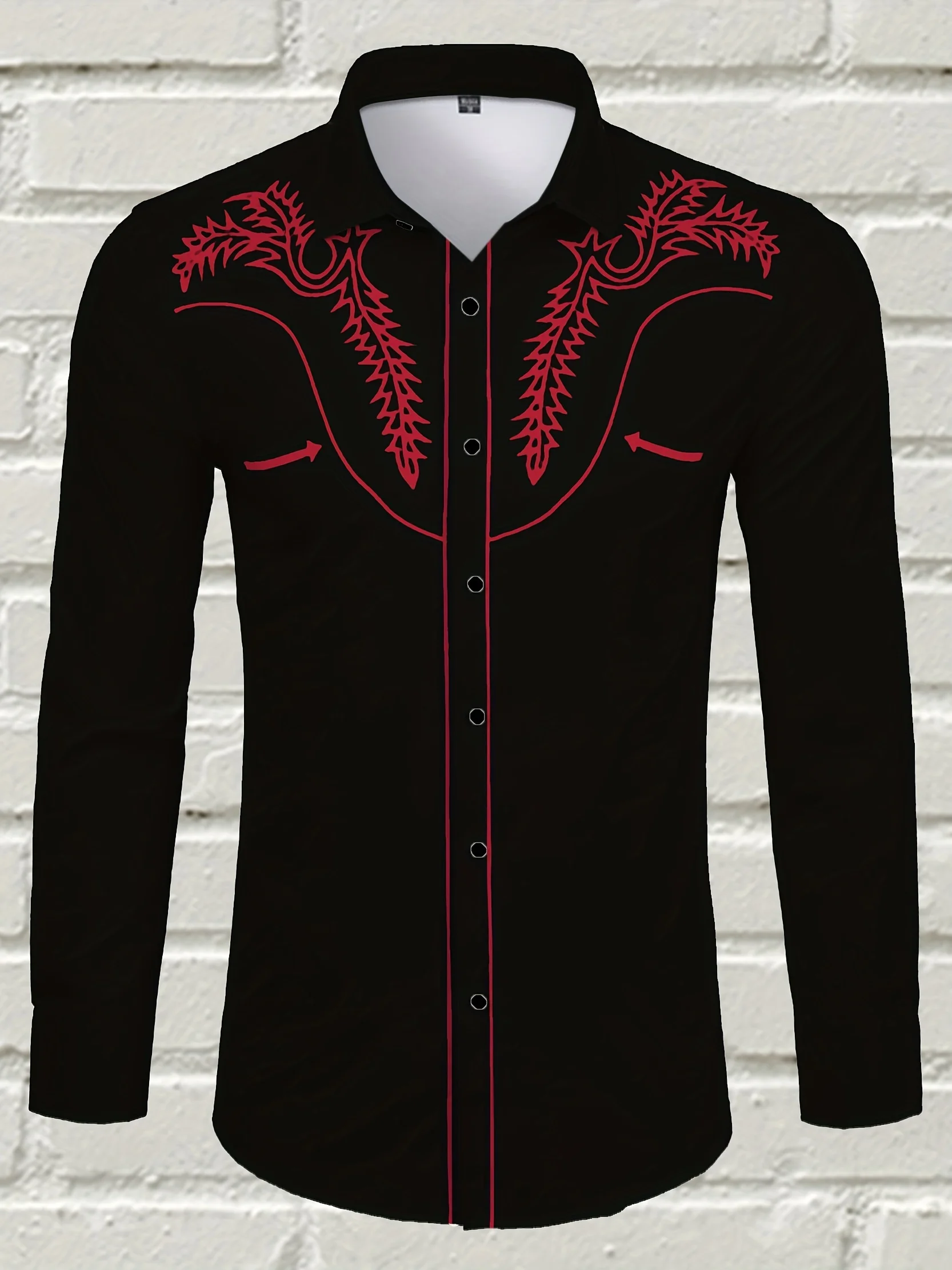 Denim Style Vintage Printed Men's Long Sleeve Button-Down Shirt, Spring and Autumn