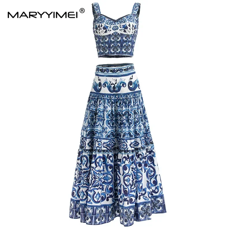 Seifrmann Spring Women's Suit short Small sling Top+Blue and White Porcelain Print Vacation Skirts Holiday Cotton two-piece set