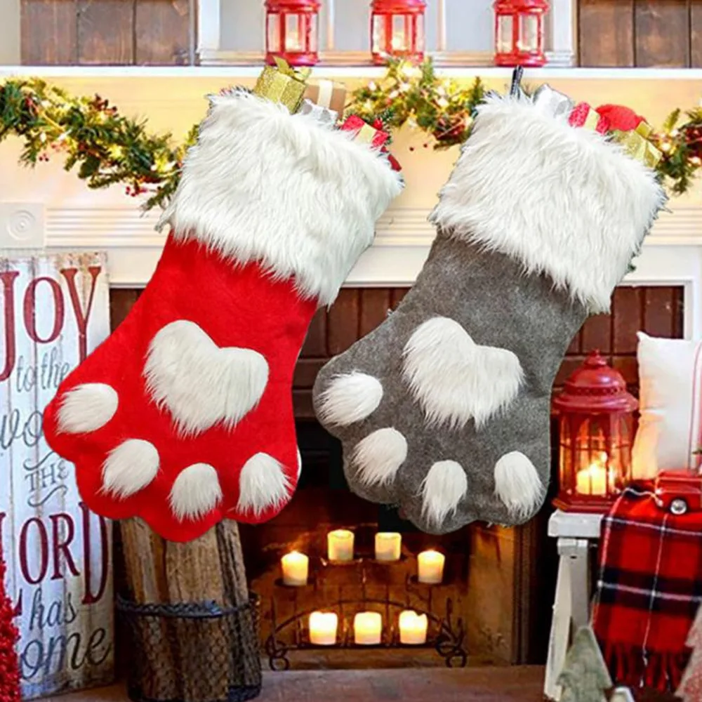 Christmas Party Dog Cat Paw Stocking Hanging Socks Tree Ornament Decor Hosiery Plush Xmas Socks Kids Gift Candy Bag