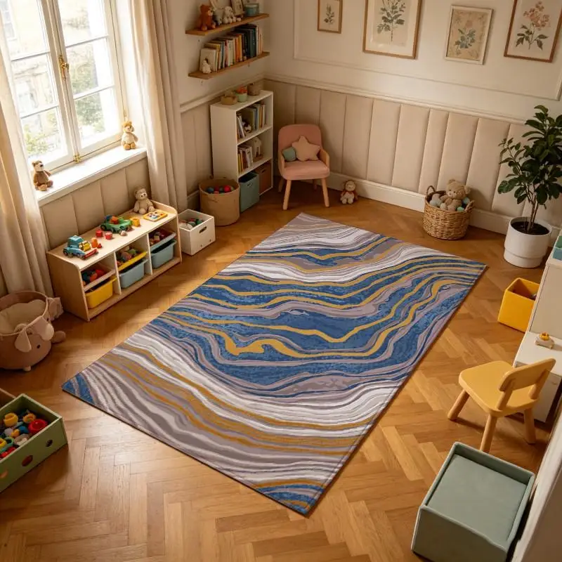 Modern Marble Swirl Abstract Carpet Flooring, Flowing Ink Texture Area Rug for Contemporary Home