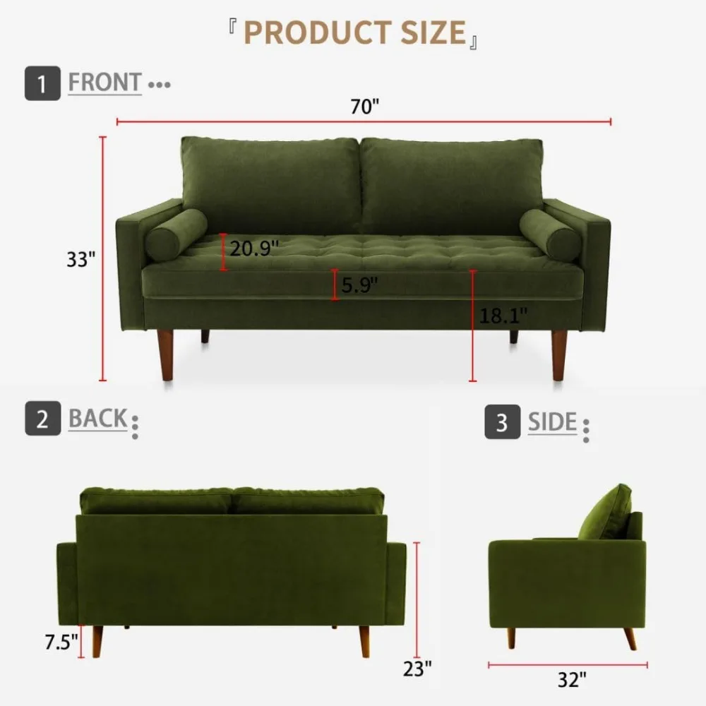 70 Inch Velvet Sofa,3 Seater Loveseat Sofa Couch with Tufted Seat,Two Throw Pillows, Couches for Living Room, Bedroom, Apartment