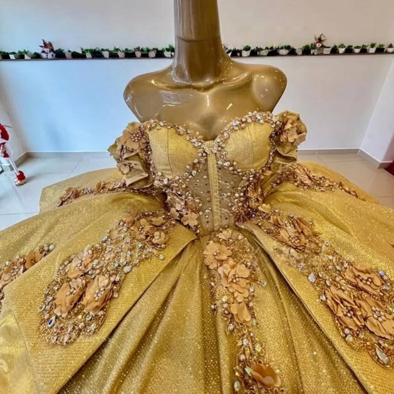 

Champagne Gold Quinceanera Dress off-shoulder sequins crystal 3D flower Decal Long tail Vestidos De 15 Quinceanera ﻿Customize