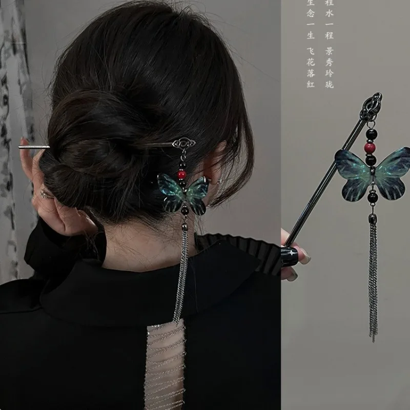 Retro Chinese Style Tassel Hair Clip for Women Hair Stick Pins Butterfly Handmade Black Hairpins Charm Jewelry Hair Ornaments