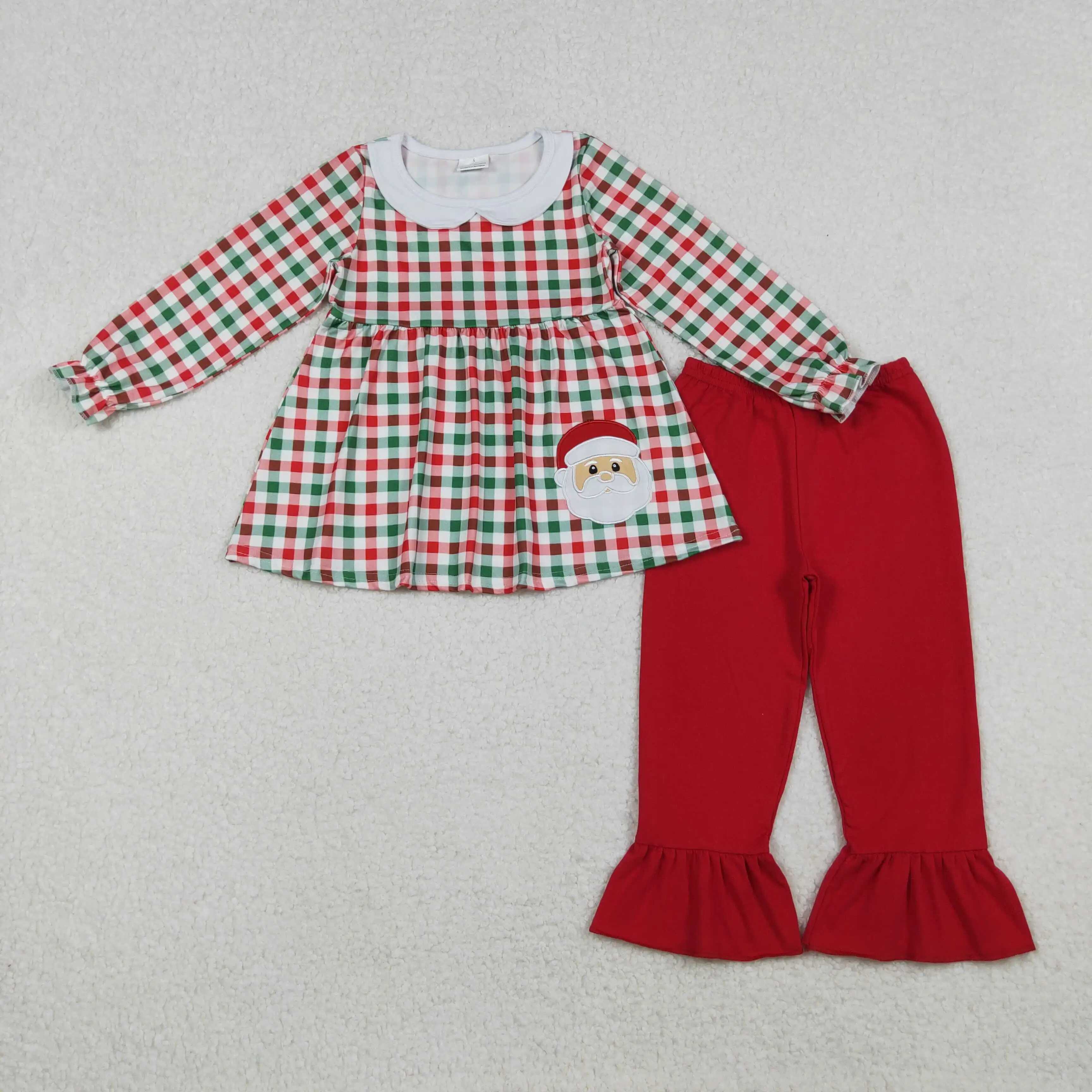 X10.13 Long-sleeved trousers suit Embroidered Santa Claus red and green plaid  Winter girls' clothing wholesale doll collar
