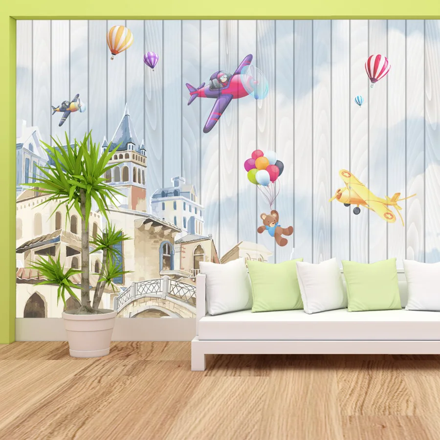 

Custom Peel and Stick Optional Wall Papers Home Decor Covering Cartoon Wallpapers for Living Room Kids Bed Planes Balloon Murals