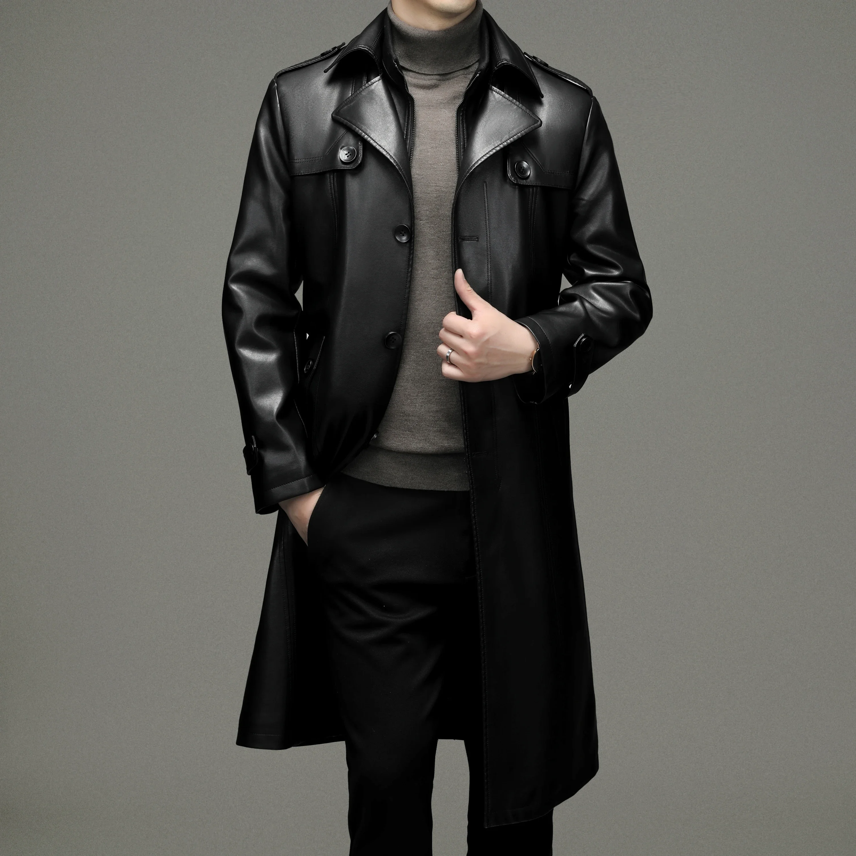 LIBIELIY Black PU Leather Jacket 2024 Autumn Winter Men's Long Length Fleece Windbreaker Streetwear Plush&Thick Windcheater Warm