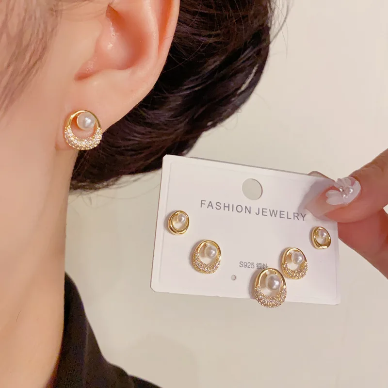3 Pairs/set Exquisite Versatile 925 Silver Needle Zircon Oval Stud Earrings For Women Party Light Luxury Classic Fashion Jewelry