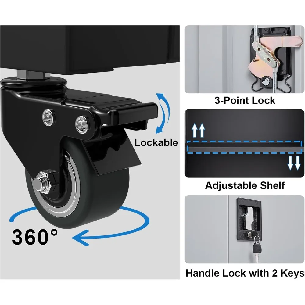 調節可能な棚板付きメタル収納キャビネット、扉とキャスター付き、狭いガレージスペース向け、安全なロックオプション付き