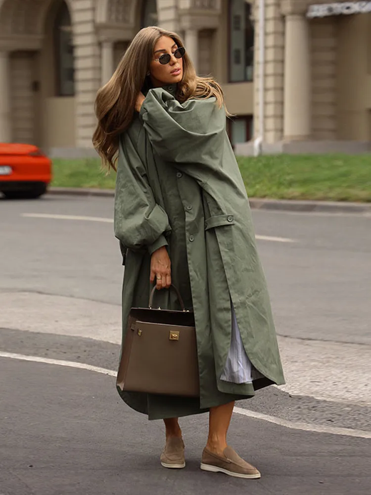 Elegant Balloon Sleeve Women's Windbreaker Single-Breasted Side Split Lady Long Coats 2026 Autumn Chic Female Outerwear New
