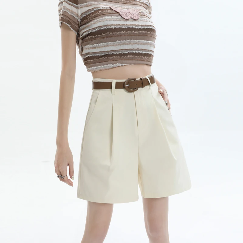 

High Waist Pleated Belted Y2K Denim Shorts for Women Casual American Korean Style Elastic Five-Point Pants Spring Summer 2026