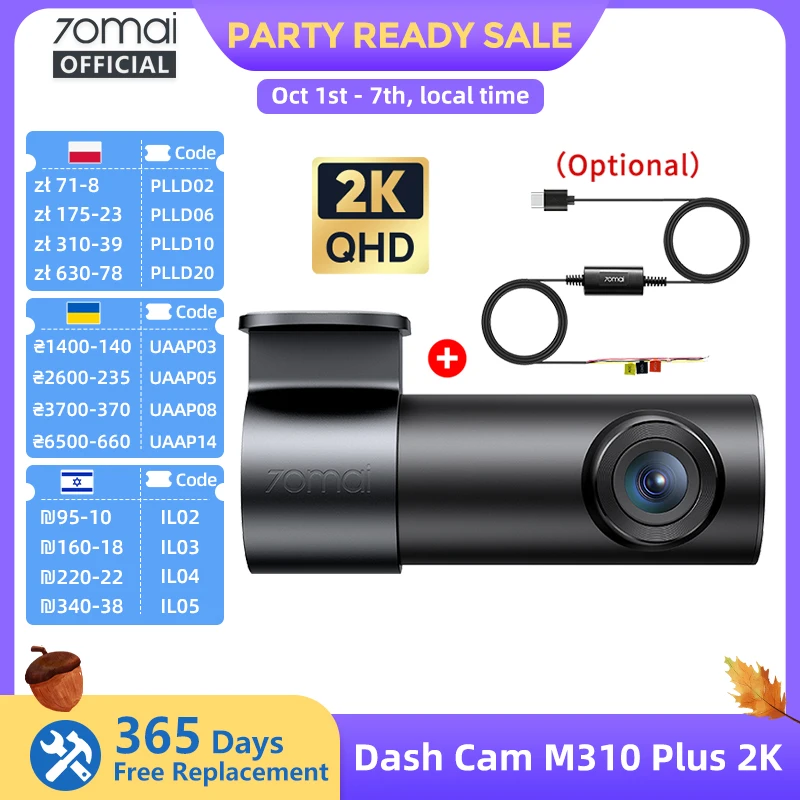 70mai Dash Cam M310 Plus 2K 1440P Super Night Vision F1.55 Aperture 70mai M310 2K Car DVR 24H Parking Guard WIFI & Voice Control
