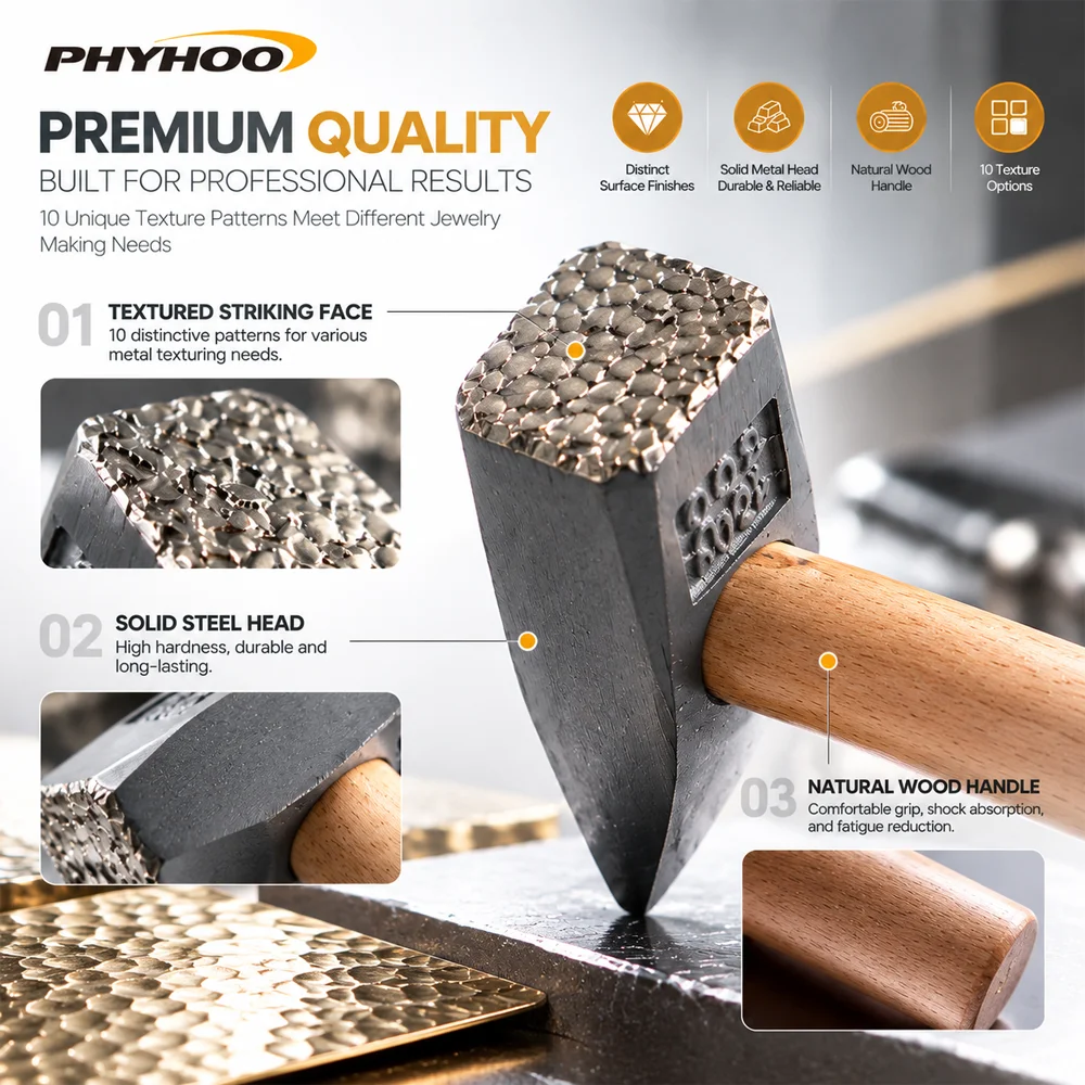 PHYHOO Metal Texturing Hammer Jewelry Making Tools 10 Texture Patterns Solid Steel Head Wood Handle for Rings Pendants Bracelets