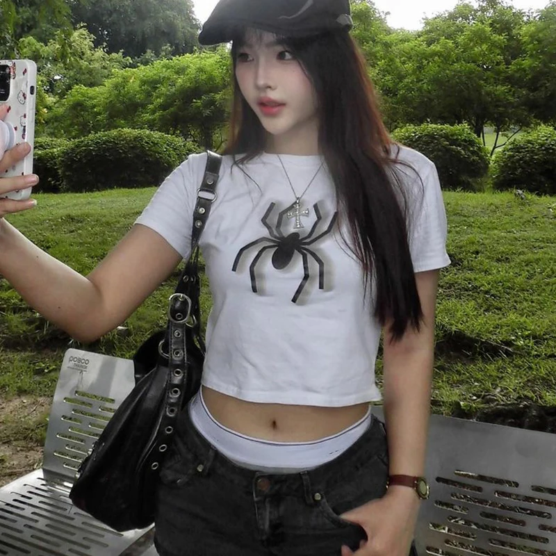 Y2k Black Spider Print Cropped Crop Top Summer Street Fashion Women Short Sleeve TShirt 90s Multi-style Elastic Slim Halter Tank