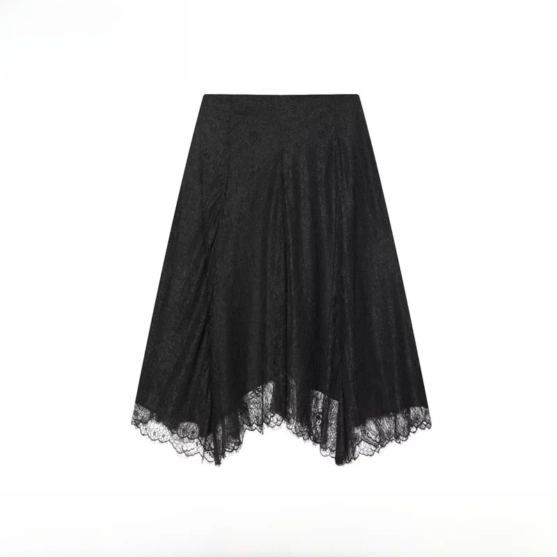 

Модная юбка миди с кружевом, женская одежда в уличном стиле, со средней талией, из полиэстера, для города, свободного кроя, осенняя новинка
