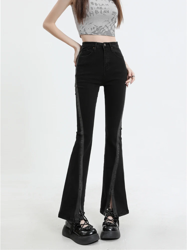 

High Waist Bell Bot Jeans Women's Slimming adual Split Micro Flared Denim Pants Long Trousers Deep Color Spring Summer