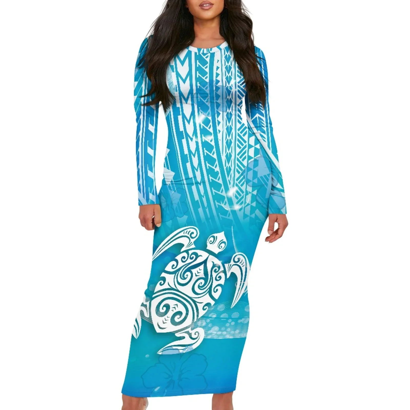 Polynesian Tribal Hawaiian Totem Tattoo Hawaii Prints Elegant Sexy Black Knitted Long-Sleeved Dress Lady Casual Party Maxi Dress