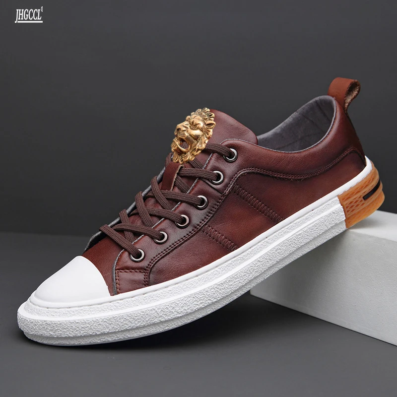 

New leather men's new casual shoes fashion cowhide flats fashion sports luxury brand board shoes A15