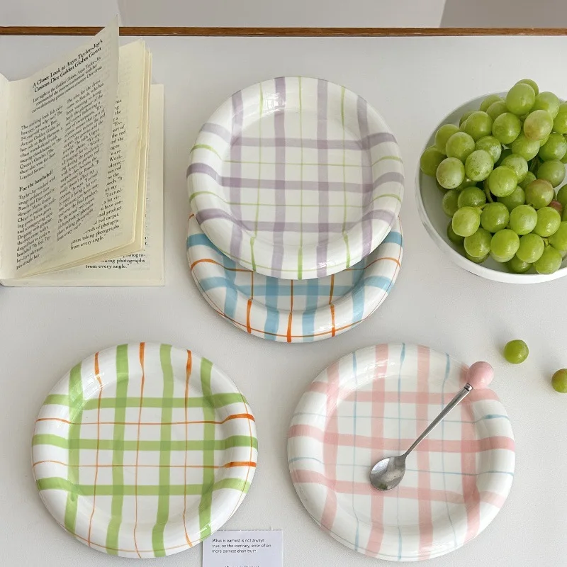 

Korean Ins Ceramic Plates Kawaii Afternoon Tea Cafe Dessert Plate Striped Plaid Spring Cute Plate Camping Picnic Bread Dishes