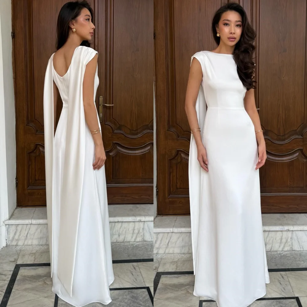 

Customized Simple White Jersey Evening Dress Fashion O-Neck Celebrity Gowns Exquisite Sweep Train Special Occasion Gowns
