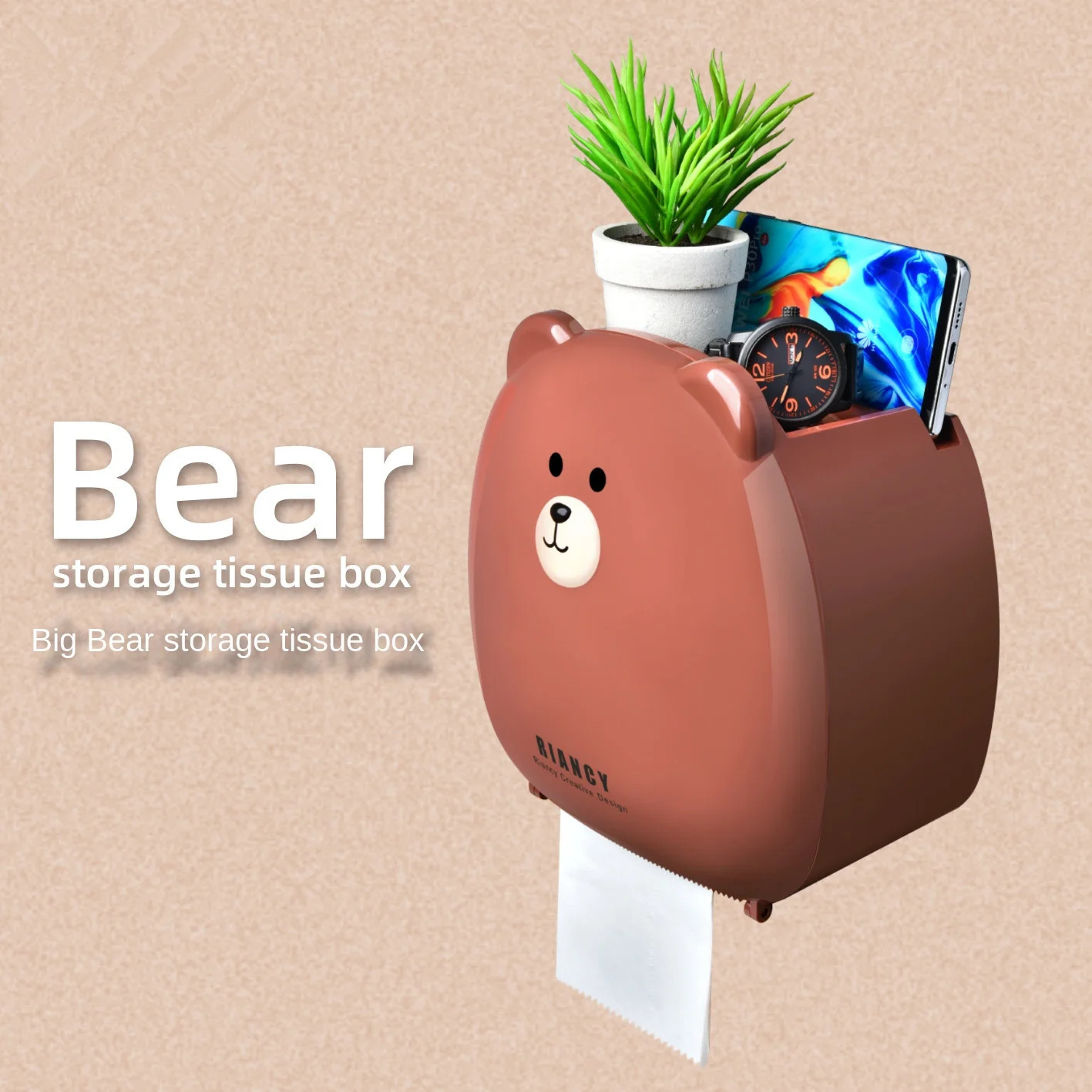 Bear Cartoon Toilet Paper Holder Rack Waterproof Toilet Tissue Box Wall-Mounted Roll Paper Storage Box Bathroom Accessories