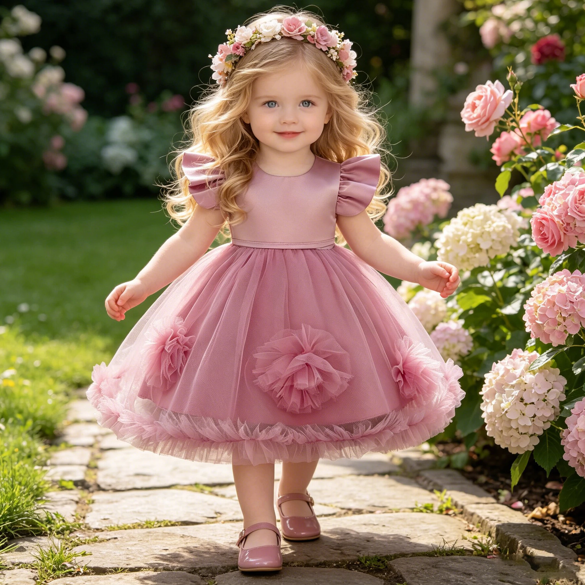 Toddler Flower Party Baby Girl Dress Elegant Tulle 1st Birthday Wedding Baptism Prom Dresses Girls Bridesmaids Evening Costumes