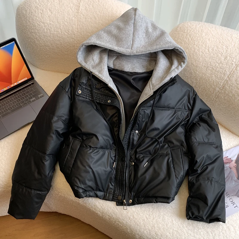 

Hooded Short Parkas Women Fashion Black Patchwork Puffer Jacket Winter Streetwear Down Coats Korean Cotton Padded Outerwears New