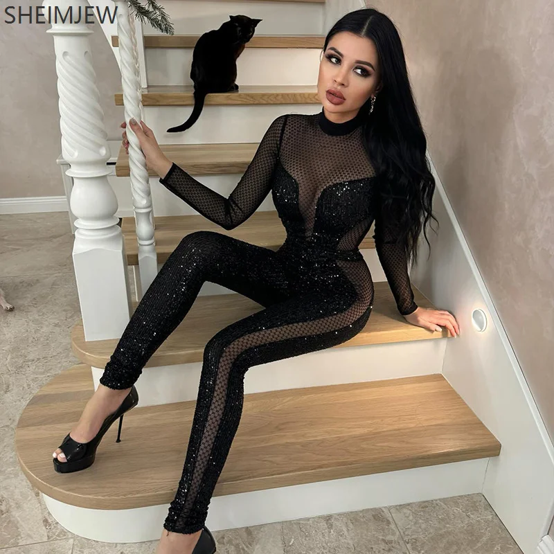 Moda feminina sexy clube malha emenda macacão palco cosplay lantejoulas manga longa magro transparente macacão feminino streetwear
