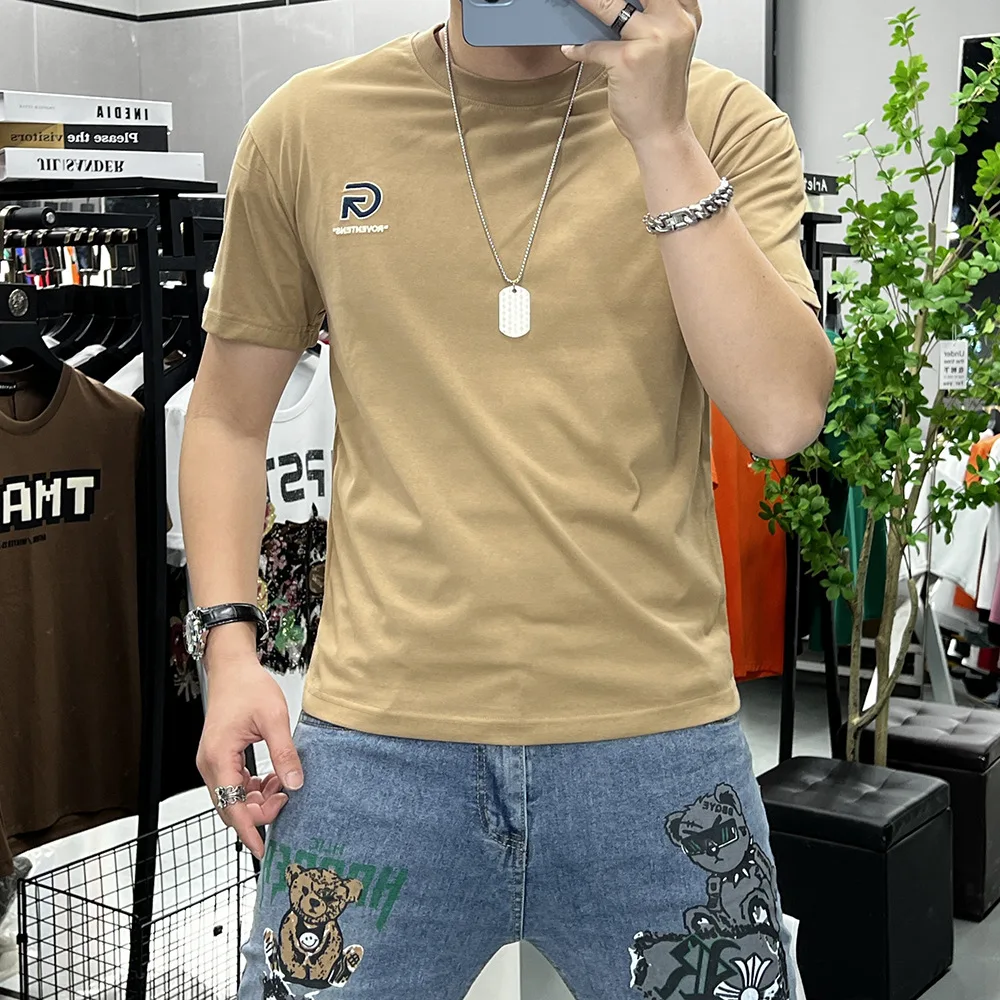 Summer New T-shirt Short Sleeves Embroidered Round Neck Homme Streetwear Bottom Top Slim Fit Letter Design Male Tees Clothing