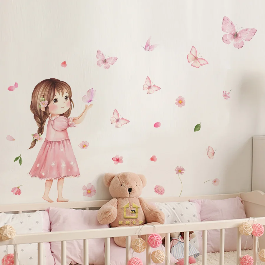 Girl Butterflies Wall Stickers Cute for Bedroom Removable Decals PVC Peel and Stick Decor Girls Room Living Room Decoration