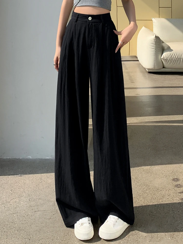 Solid Color Cool High Waist Loose Summer Female Wide Leg Pants Korean Basic Full Length Simple Casual Chicly Pockets Women Pants