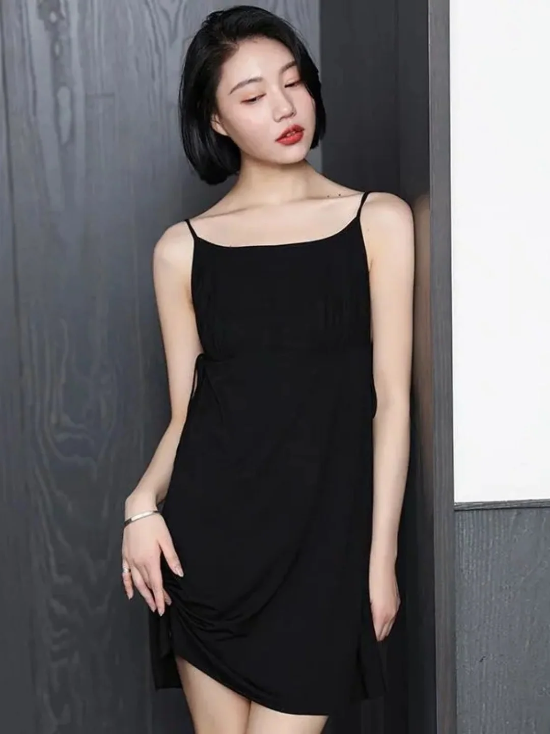

Summer Sexy Black Sleeveless Strap Short Skirt Home Sleepwear Large Size for plus Size Women Tie Dye Splice Home Clothes