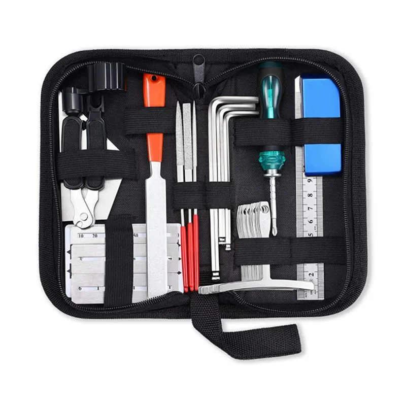 

A89E-Guitar Repair Tool Kit, String Changing Tool, Wrench, Grinding File, Measuring Ruler, Stringer, Leveling Ruler, 25 in 1