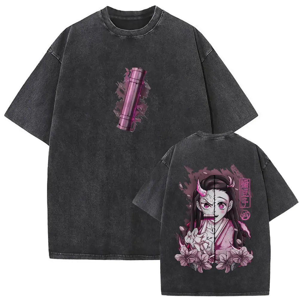 

Anime Demon Slayer Kamado Nezuko Washed Vintage T Shirt Men Women Casual Oversized T-shirts Unisex Cartoon Manga Merch T Shirts