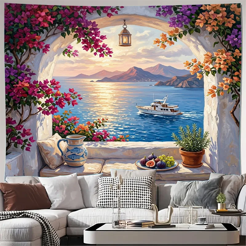 Beautiful Mediterranean Seascape Curtain Drapes Floral Archway Window Treatment Coastal View Artwork Printed Fabric Light Filter