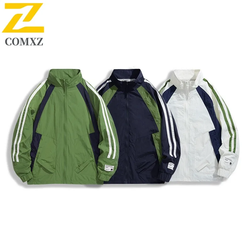 COMXZ 2025 Autumn Men High Quality Patchwork Stand Collar Workwear Jacket Unisex Waterproof Youth Trendy Coat