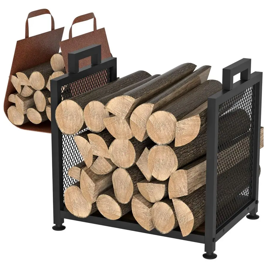 

Rack for Indoor, Heavy Duty Fire Wood Racks Holder, 17.32 Metal Wood Storage Log Holder with Leather Carrier, Small Firewood Sta