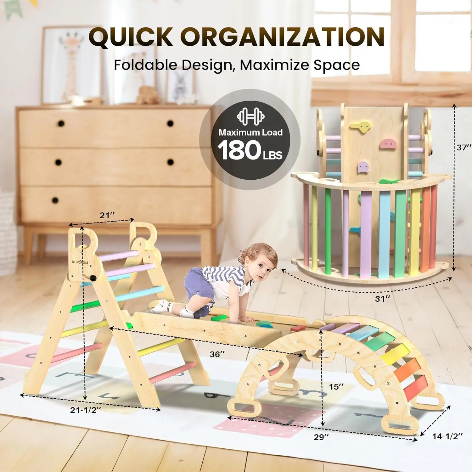 Wooden Indoor Climbing Frame, Foldable Triangle Toddler Training Toy, Kids Activity Playroom Climb Playset Fun Exercise