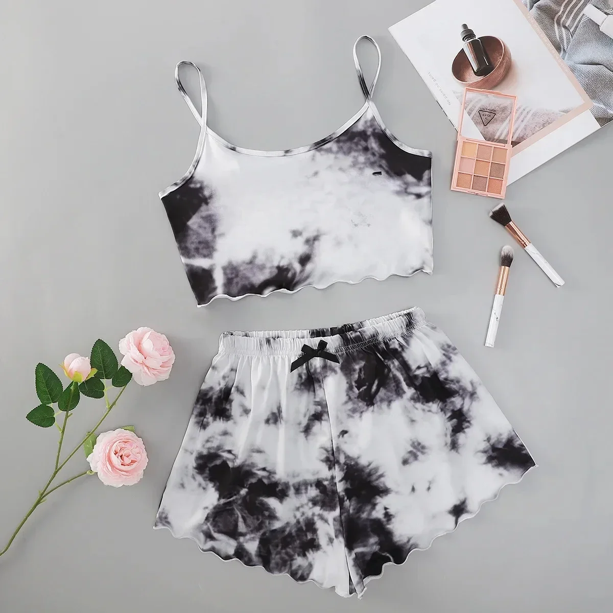 

summer Pajamas Sets Women Sleepwear Sexy Lingerie Cute Tie-dyed Print Sleeveless O-Neck Thin Tops with Shorts Set Underwear