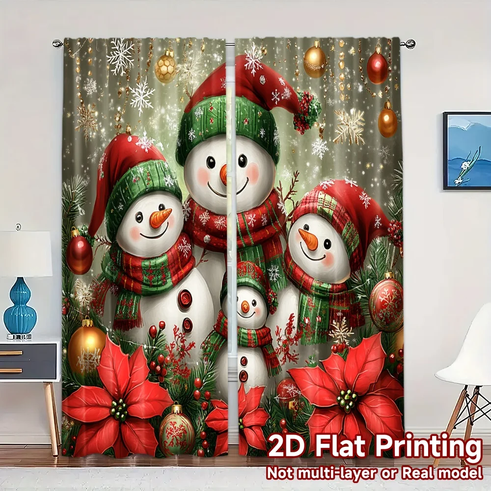 2pcs,Curtains Cute Snowman Family Christmas Greeting (2) Pattern Popular Curtains Machine Washable Fabric Curtains Decorations